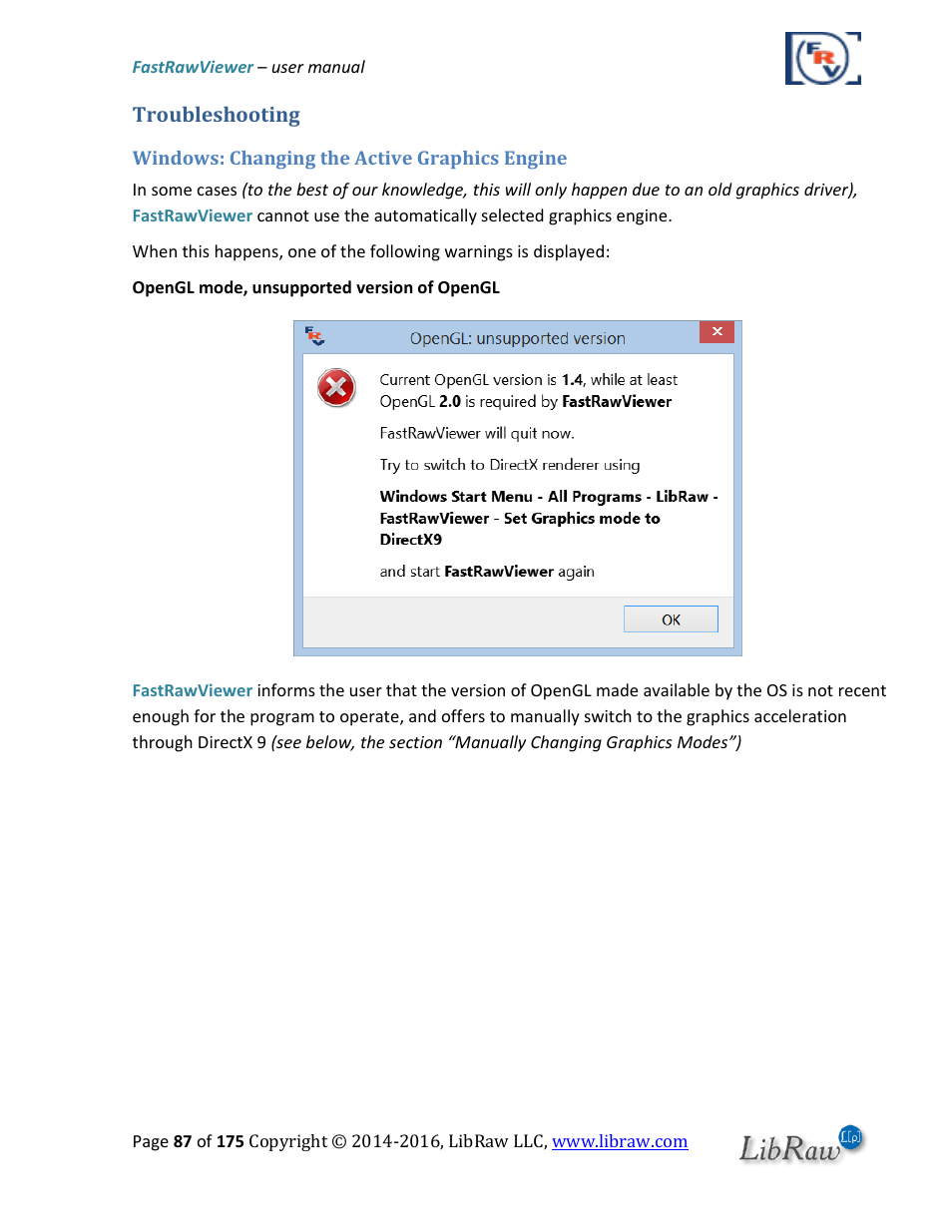 Troubleshooting, Windows: changing the active graphics engine | FastRawViewer Software 2.0 (Download) User Manual | Page 87 / 175