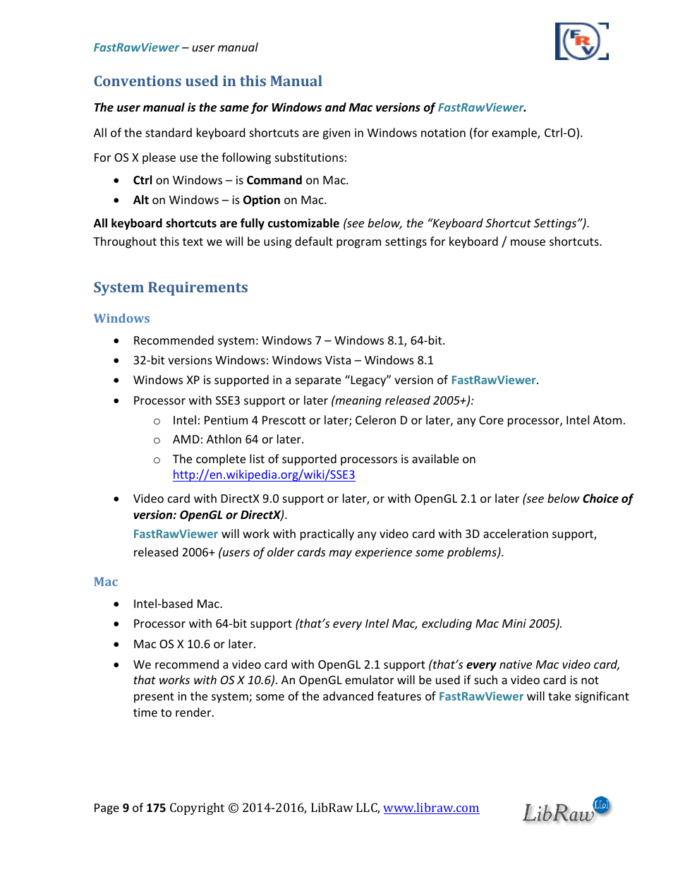 Conventions used in this manual, System requirements, Windows | FastRawViewer Software 2.0 (Download) User Manual | Page 9 / 175