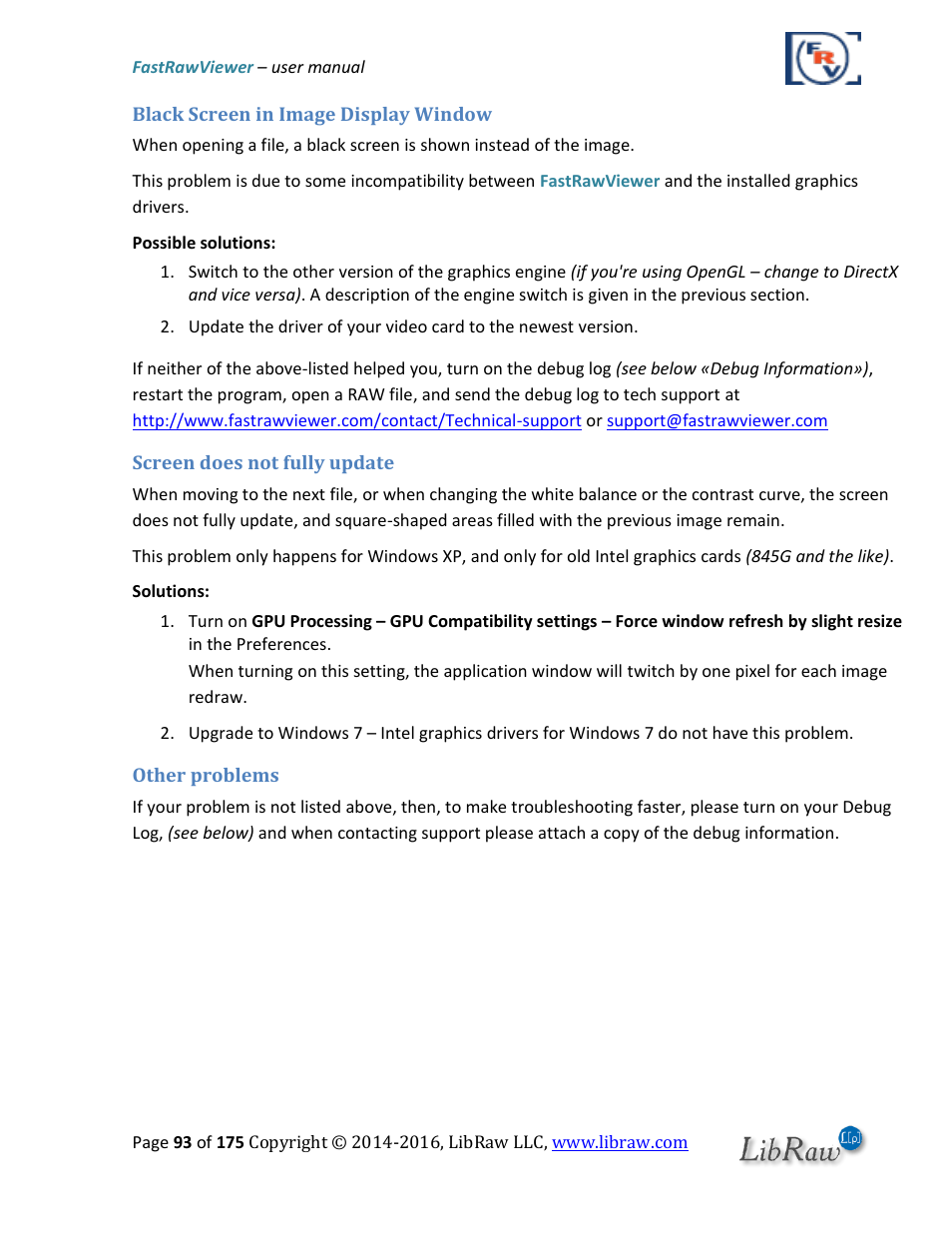 Black screen in image display window, Screen does not fully update, Other problems | FastRawViewer Software 2.0 (Download) User Manual | Page 93 / 175
