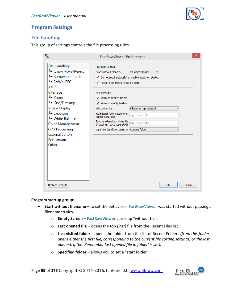 Program settings, File handling | FastRawViewer Software 2.0 (Download) User Manual | Page 95 / 175