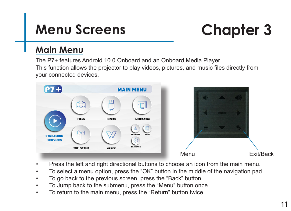 Chapter 3, Menu screens, Main menu | AAXA Technologies P7+ 550-Lumen Full HD LED SmPico Projector User Manual | Page 14 / 49