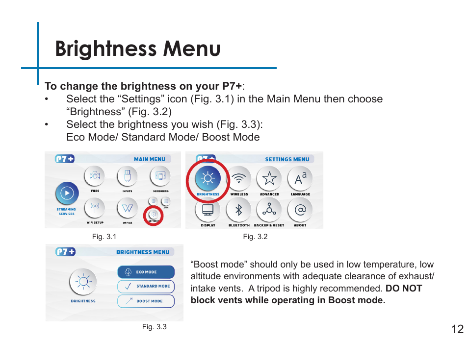 Brightness menu | AAXA Technologies P7+ 550-Lumen Full HD LED SmPico Projector User Manual | Page 15 / 49