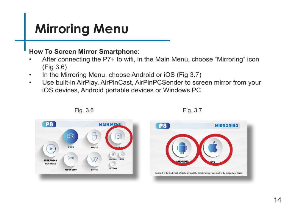 Mirroring menu | AAXA Technologies P7+ 550-Lumen Full HD LED SmPico Projector User Manual | Page 17 / 49