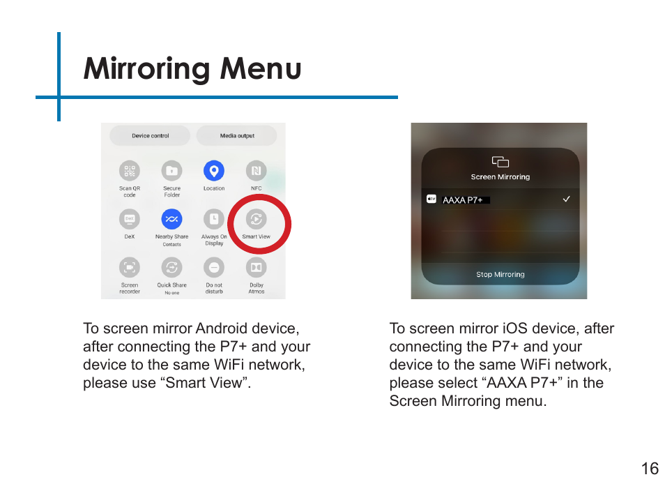 Mirroring menu | AAXA Technologies P7+ 550-Lumen Full HD LED SmPico Projector User Manual | Page 19 / 49