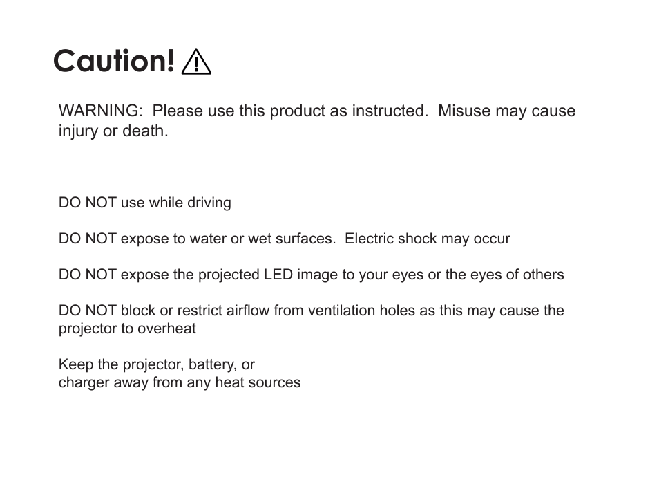 Caution | AAXA Technologies P7+ 550-Lumen Full HD LED SmPico Projector User Manual | Page 2 / 49