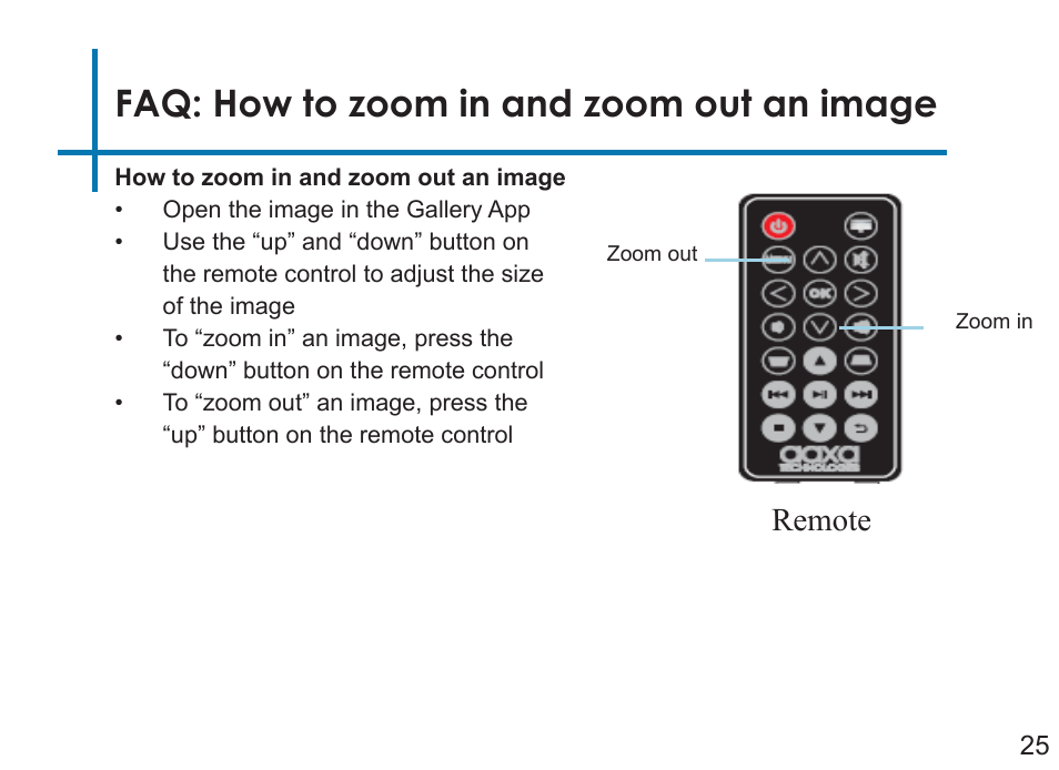 Faq: how to zoom in and zoom out an image, Remote | AAXA Technologies P7+ 550-Lumen Full HD LED SmPico Projector User Manual | Page 28 / 49