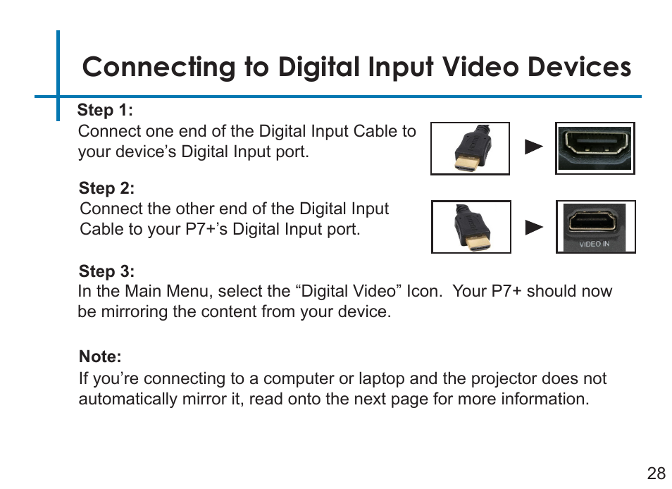 Connecting to digital input video devices | AAXA Technologies P7+ 550-Lumen Full HD LED SmPico Projector User Manual | Page 31 / 49