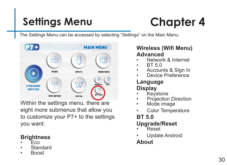 Chapter 4, Settings menu | AAXA Technologies P7+ 550-Lumen Full HD LED SmPico Projector User Manual | Page 33 / 49