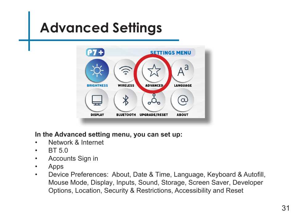 Advanced settings | AAXA Technologies P7+ 550-Lumen Full HD LED SmPico Projector User Manual | Page 34 / 49