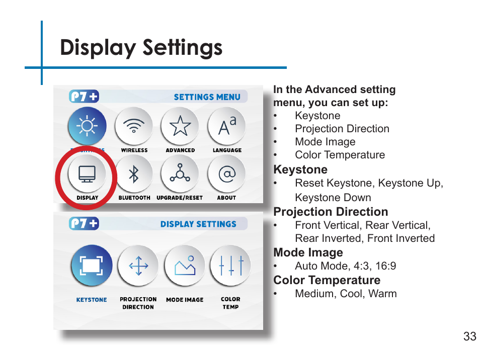 Display settings | AAXA Technologies P7+ 550-Lumen Full HD LED SmPico Projector User Manual | Page 36 / 49