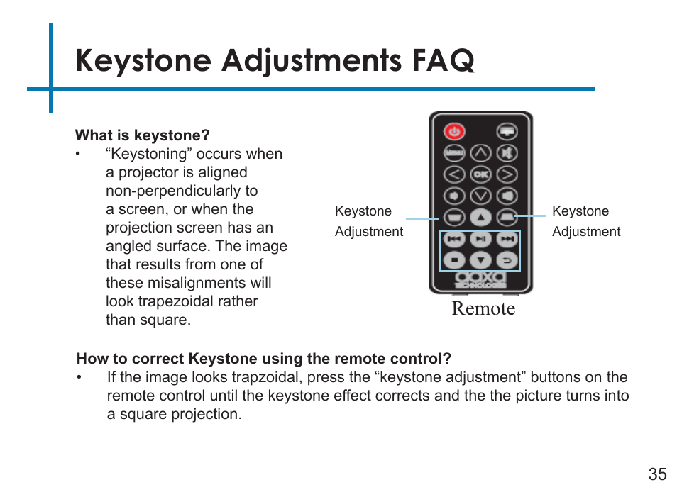 Keystone adjustments faq, Remote | AAXA Technologies P7+ 550-Lumen Full HD LED SmPico Projector User Manual | Page 38 / 49