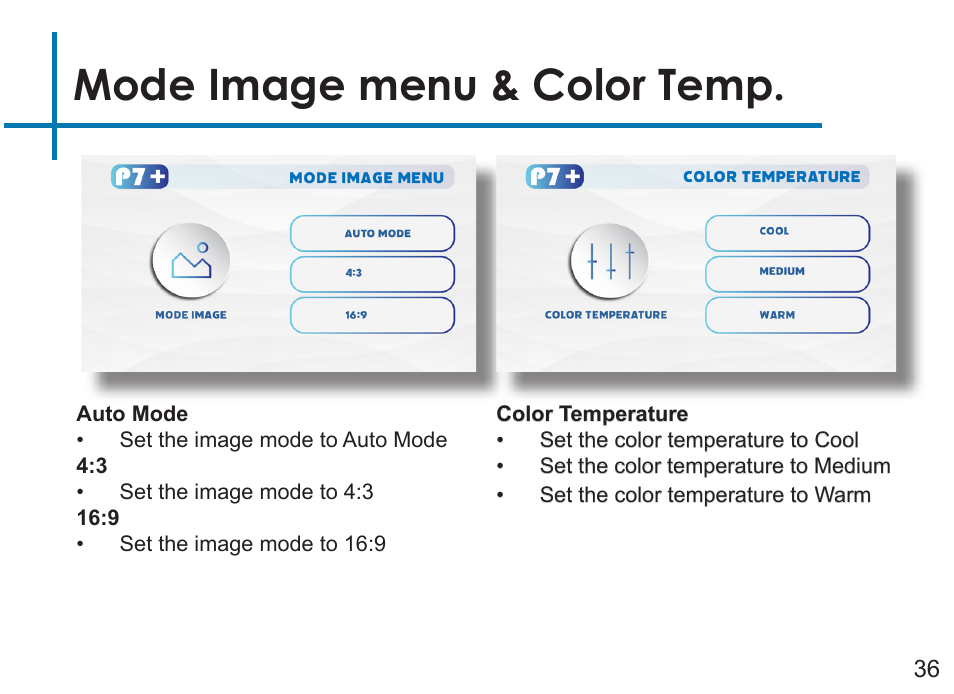 Mode image menu & color temp | AAXA Technologies P7+ 550-Lumen Full HD LED SmPico Projector User Manual | Page 39 / 49
