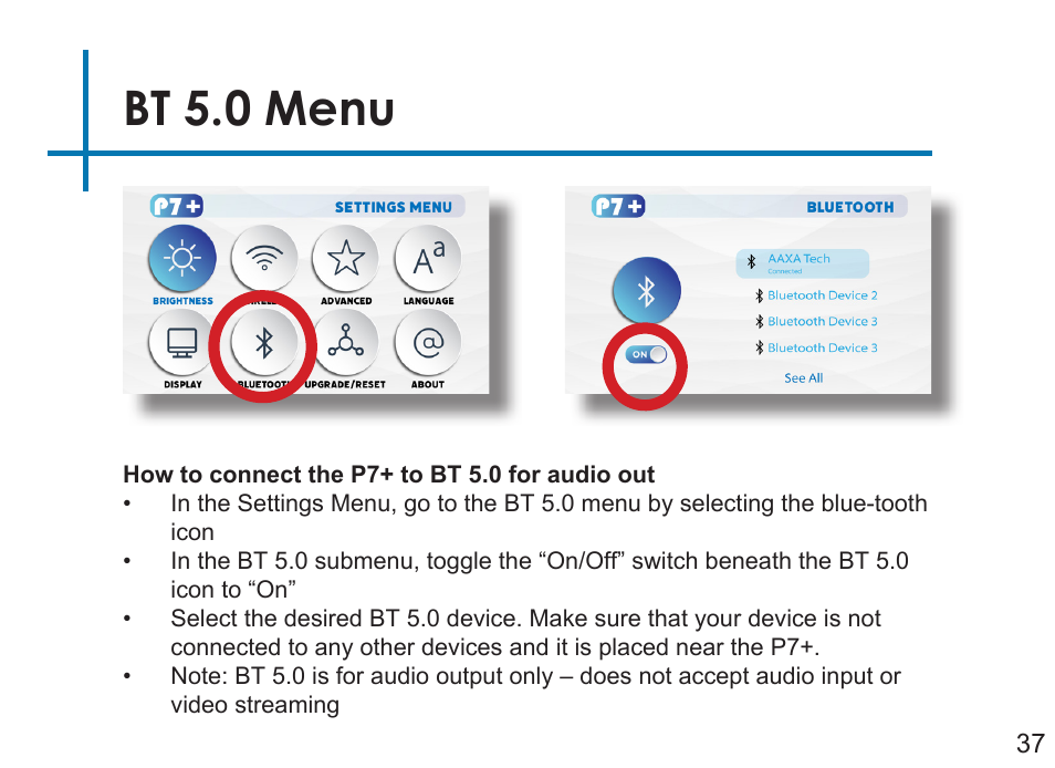 Bt 5.0 menu | AAXA Technologies P7+ 550-Lumen Full HD LED SmPico Projector User Manual | Page 40 / 49