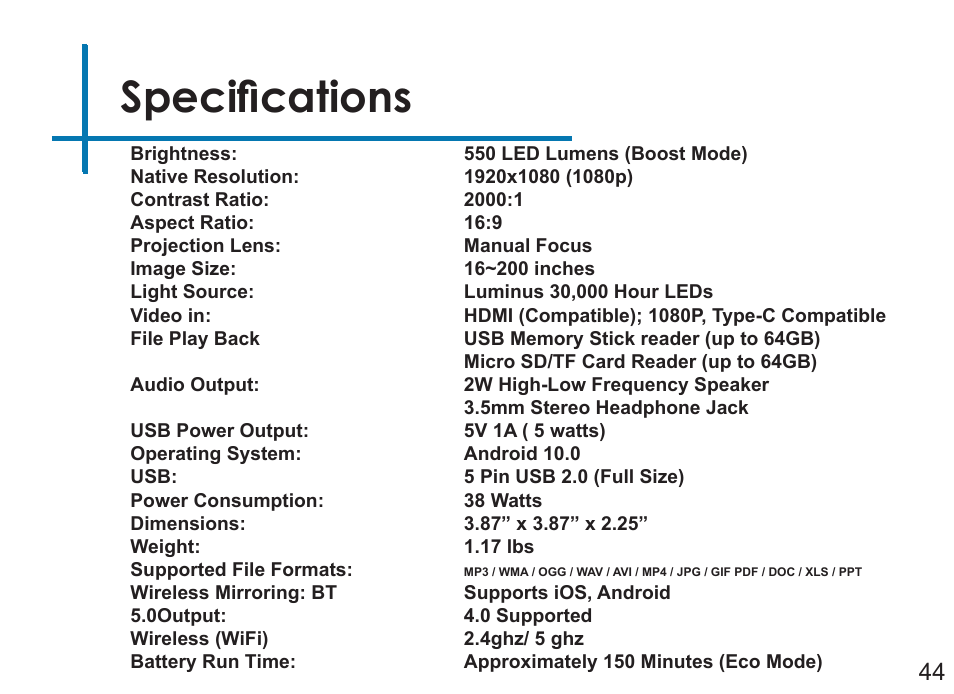 Specifications | AAXA Technologies P7+ 550-Lumen Full HD LED SmPico Projector User Manual | Page 47 / 49