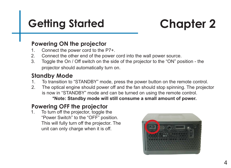 Chapter 2, Getting started | AAXA Technologies P7+ 550-Lumen Full HD LED SmPico Projector User Manual | Page 7 / 49