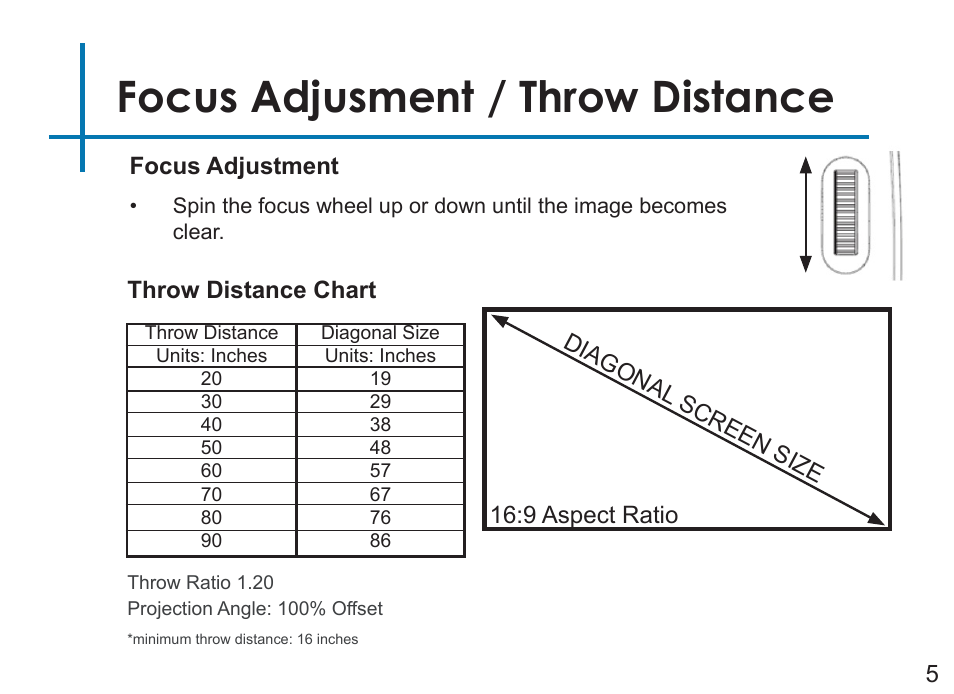 Focus adjusment / throw distance | AAXA Technologies P7+ 550-Lumen Full HD LED SmPico Projector User Manual | Page 8 / 49