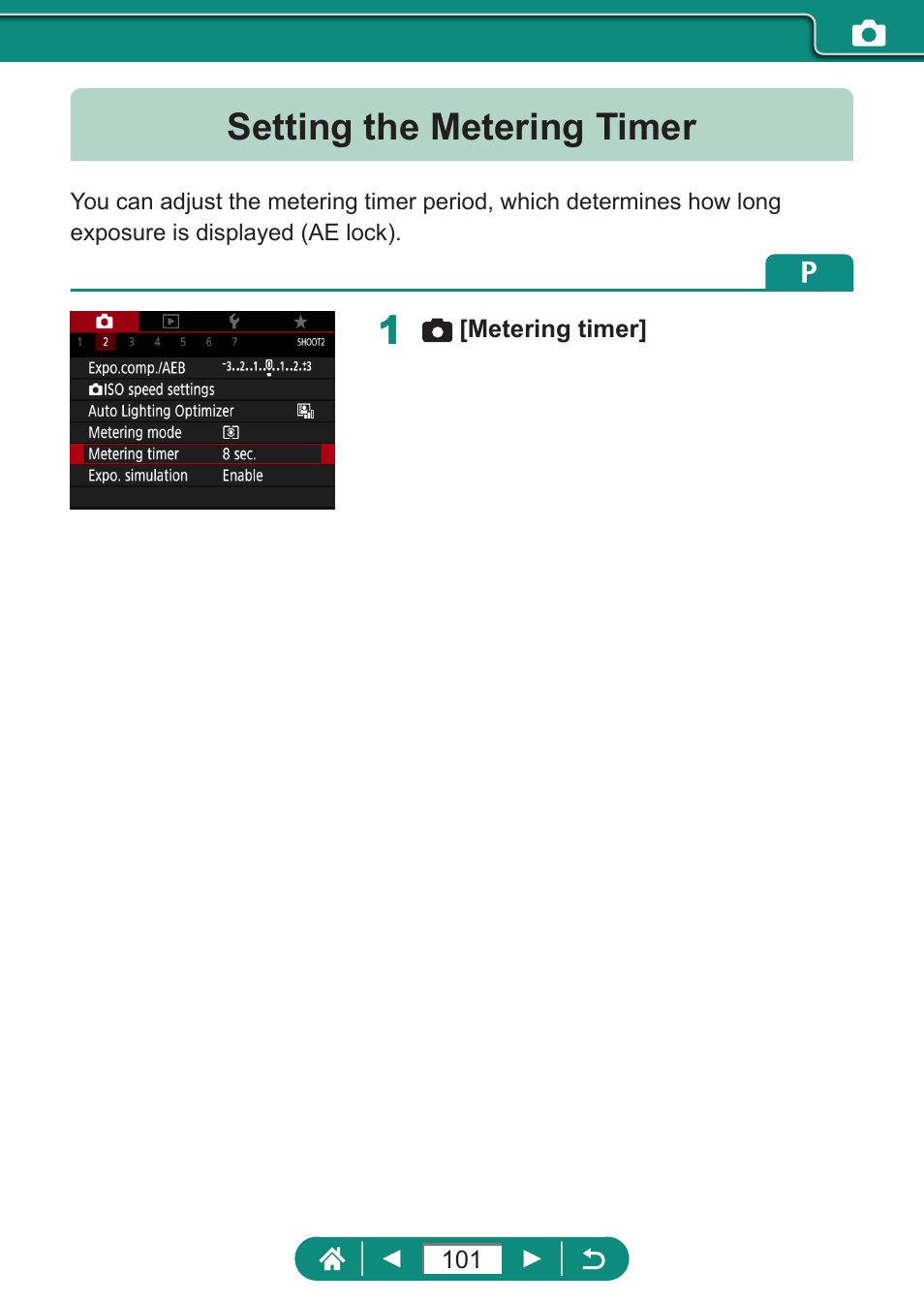 Setting the metering timer | Canon PowerShot SX70 HS Digital Camera User Manual | Page 101 / 289