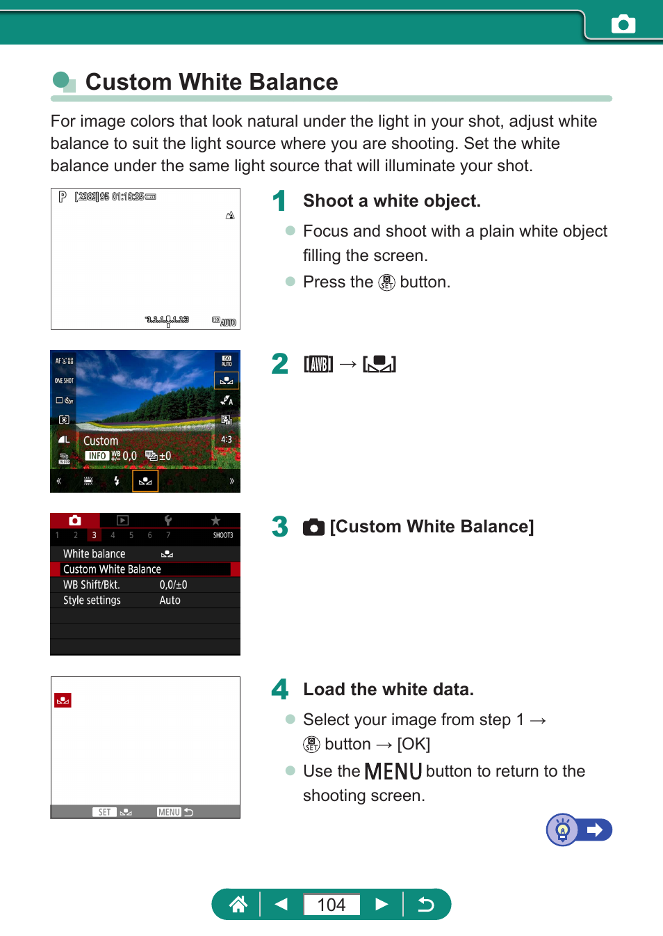 Custom white balance | Canon PowerShot SX70 HS Digital Camera User Manual | Page 104 / 289