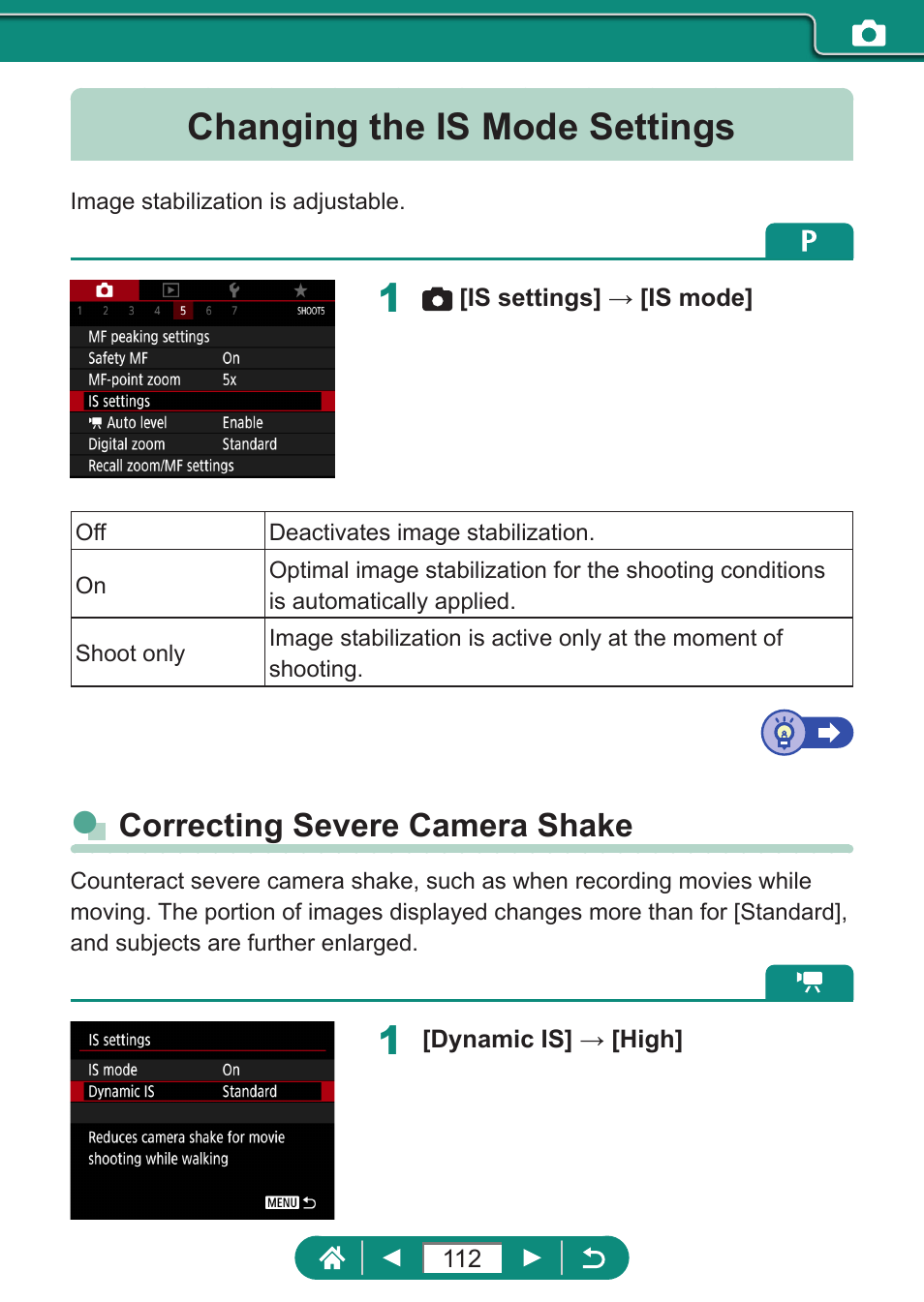 Changing the is mode settings, Correcting severe camera shake | Canon PowerShot SX70 HS Digital Camera User Manual | Page 112 / 289