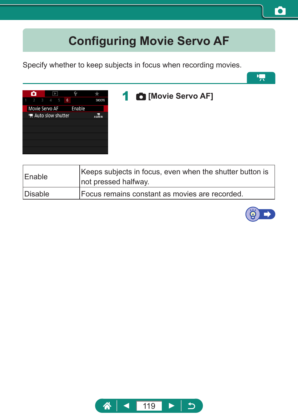 Configuring movie servo af | Canon PowerShot SX70 HS Digital Camera User Manual | Page 119 / 289