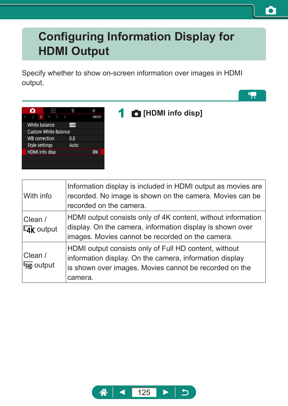 Configuring information display for hdmi output | Canon PowerShot SX70 HS Digital Camera User Manual | Page 125 / 289