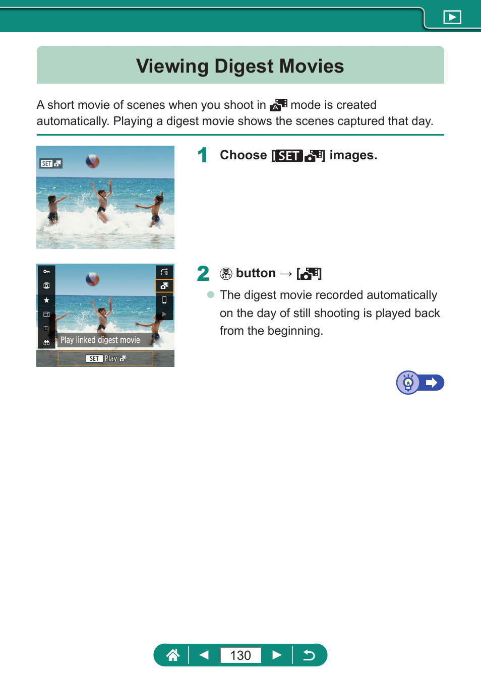 Viewing digest movies | Canon PowerShot SX70 HS Digital Camera User Manual | Page 130 / 289