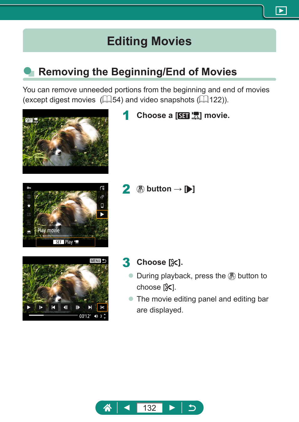 Editing movies, Removing the beginning/end of movies | Canon PowerShot SX70 HS Digital Camera User Manual | Page 132 / 289