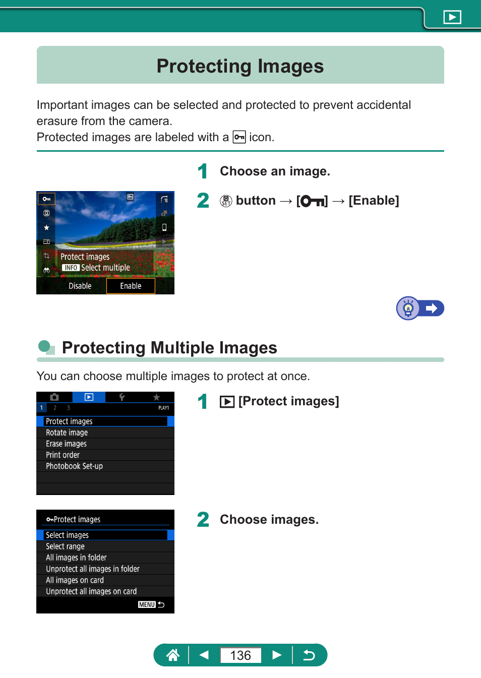 Protecting images, Protecting multiple images | Canon PowerShot SX70 HS Digital Camera User Manual | Page 136 / 289