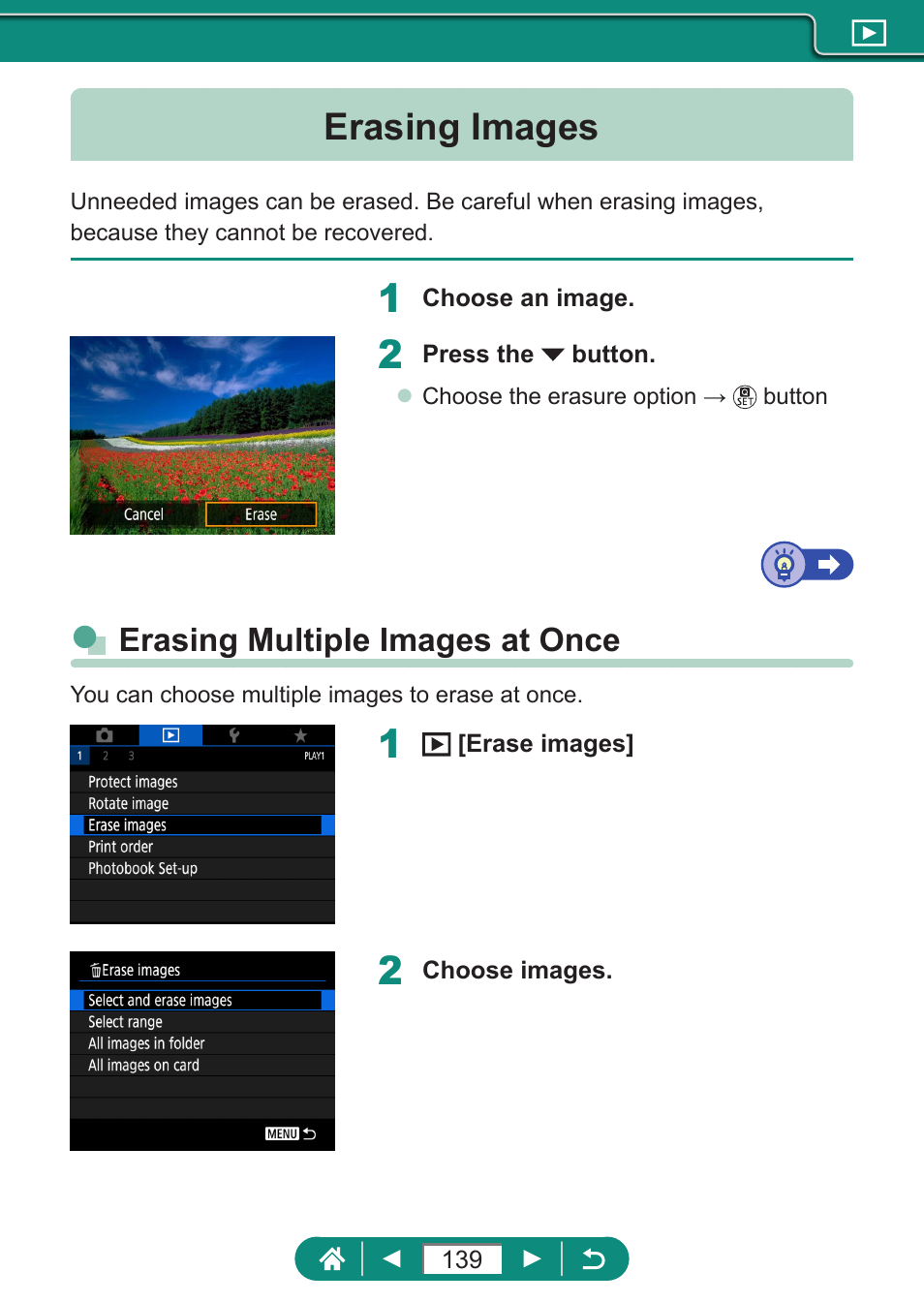Erasing images, Erasing multiple images at once | Canon PowerShot SX70 HS Digital Camera User Manual | Page 139 / 289