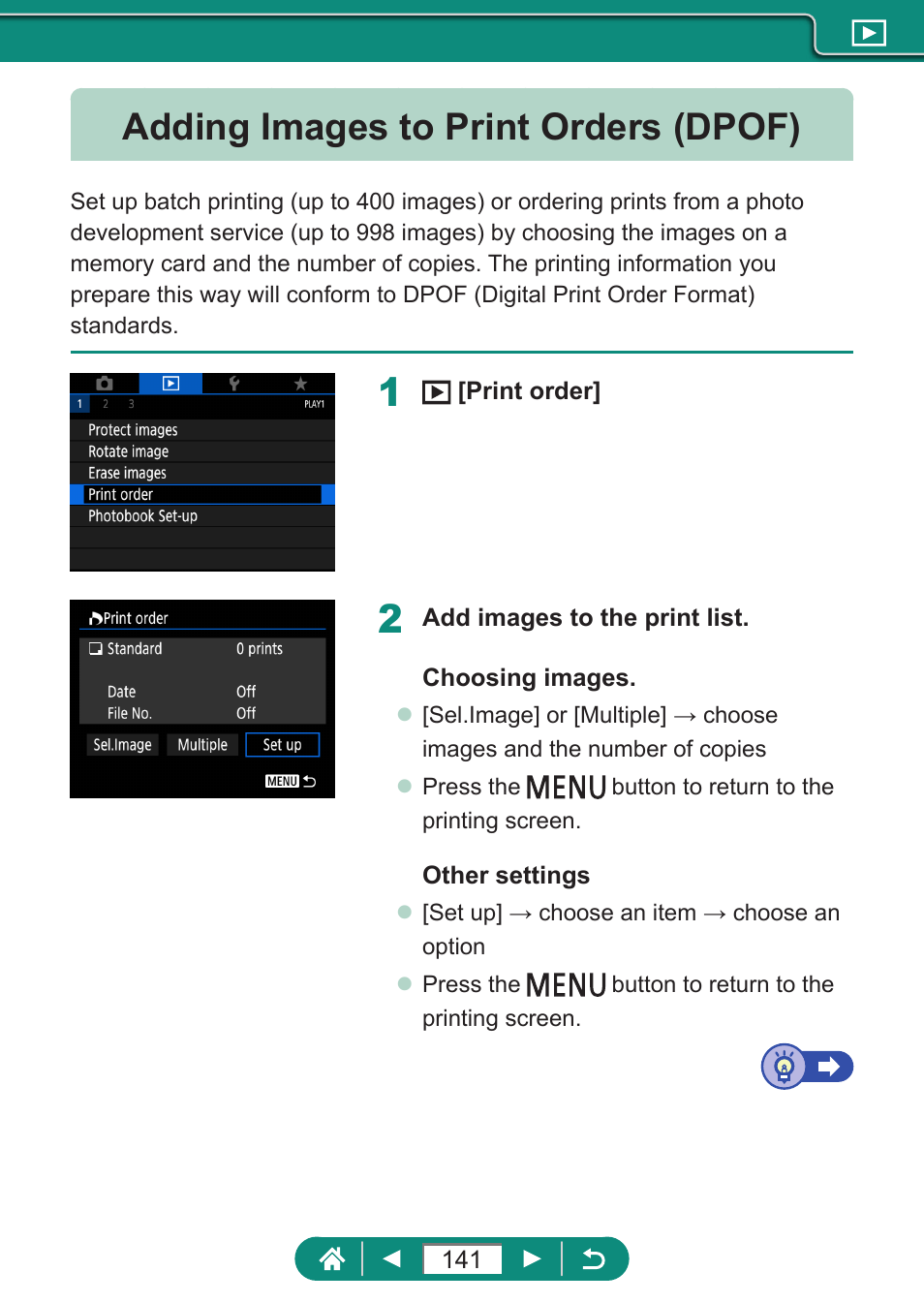 Adding images to print orders (dpof) | Canon PowerShot SX70 HS Digital Camera User Manual | Page 141 / 289