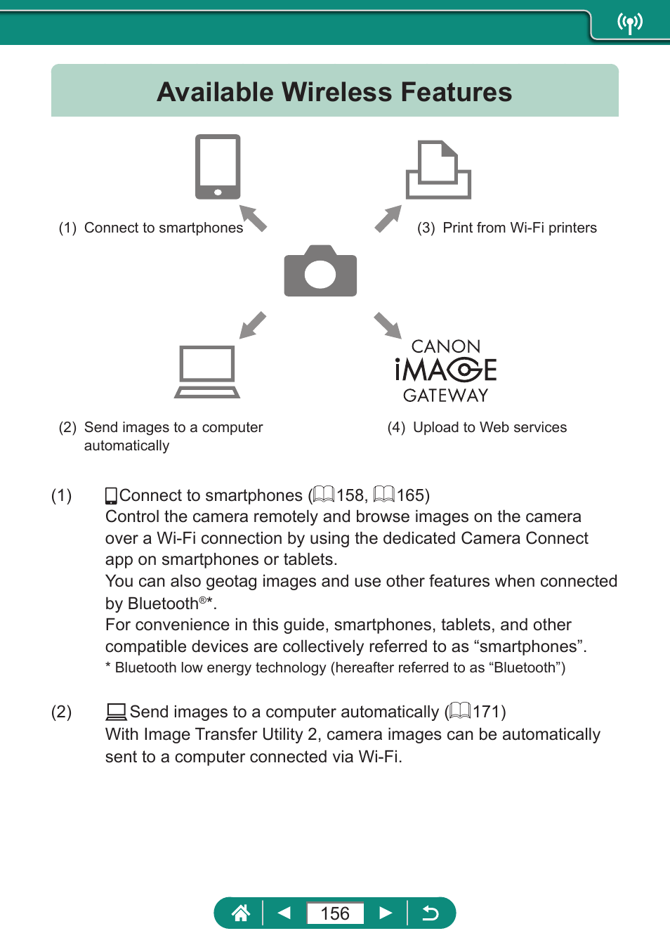 Available wireless features | Canon PowerShot SX70 HS Digital Camera User Manual | Page 156 / 289