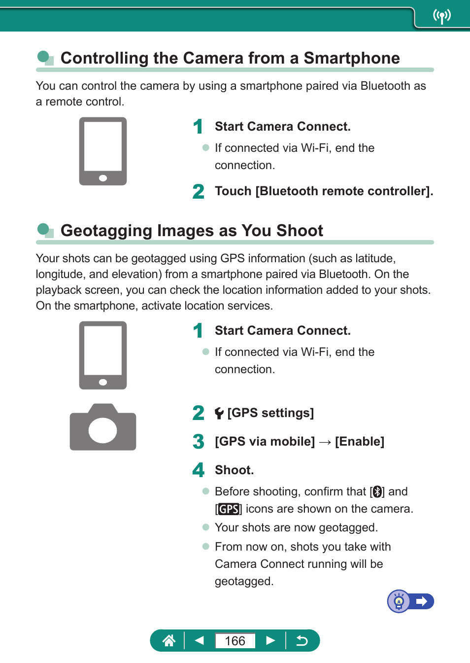 Controlling the camera from a smartphone, Geotagging images as you shoot | Canon PowerShot SX70 HS Digital Camera User Manual | Page 166 / 289