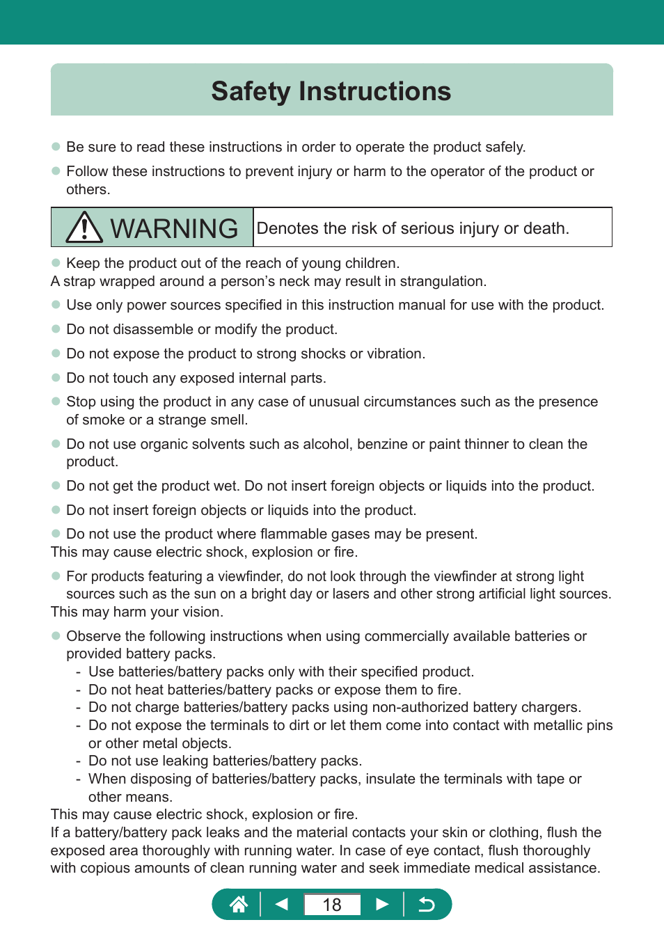Safety instructions, Warning | Canon PowerShot SX70 HS Digital Camera User Manual | Page 18 / 289