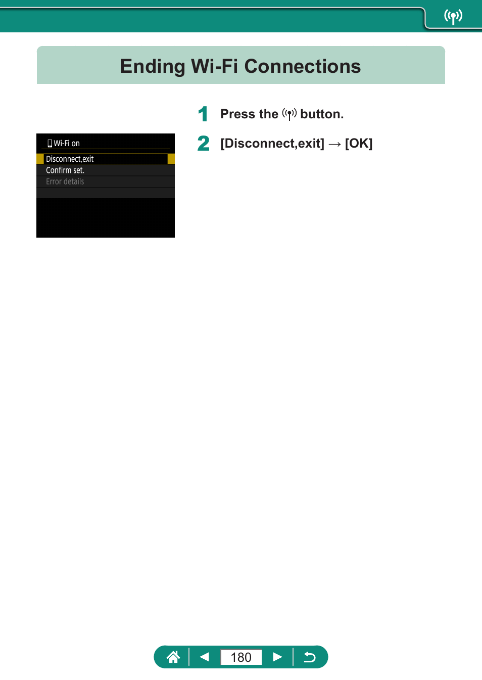 Ending wi-fi connections | Canon PowerShot SX70 HS Digital Camera User Manual | Page 180 / 289