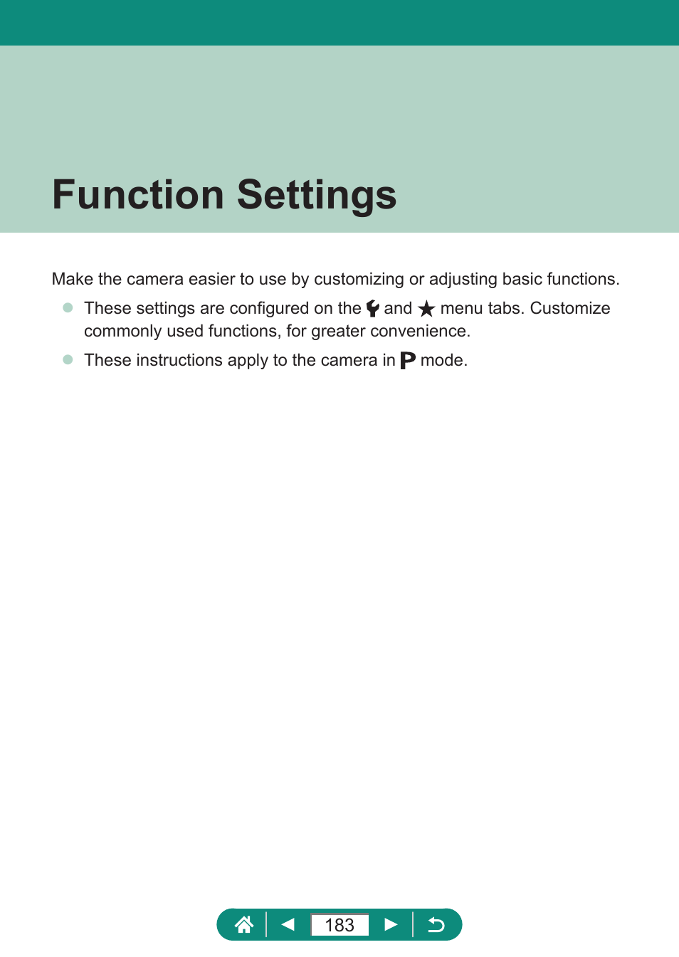 Function settings | Canon PowerShot SX70 HS Digital Camera User Manual | Page 183 / 289