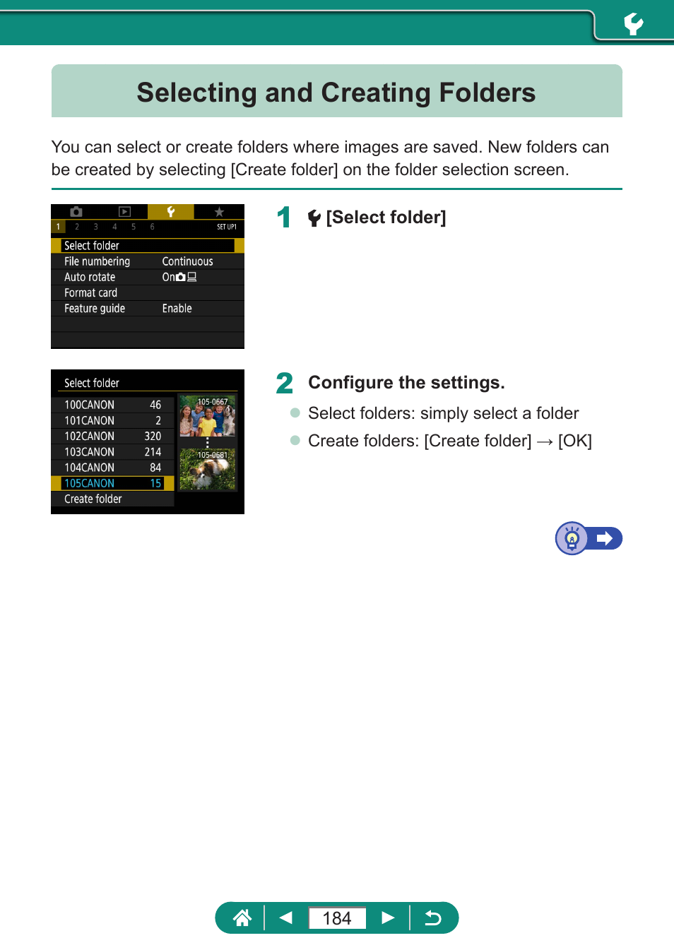 Selecting and creating folders | Canon PowerShot SX70 HS Digital Camera User Manual | Page 184 / 289