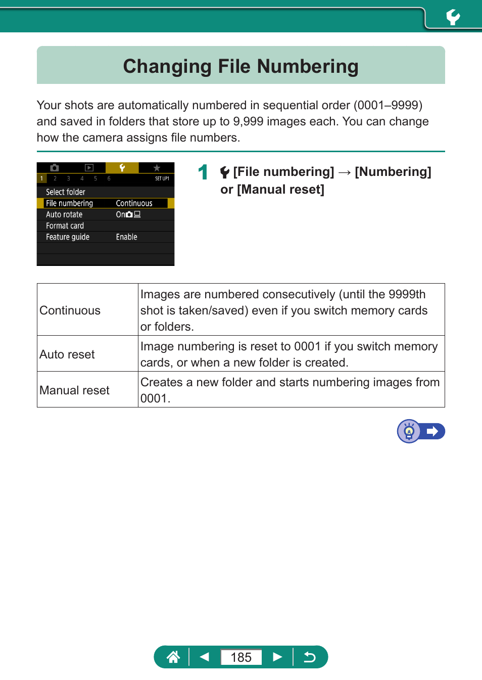 Changing file numbering | Canon PowerShot SX70 HS Digital Camera User Manual | Page 185 / 289
