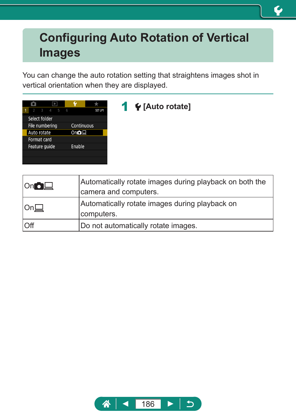 Configuring auto rotation of vertical images | Canon PowerShot SX70 HS Digital Camera User Manual | Page 186 / 289