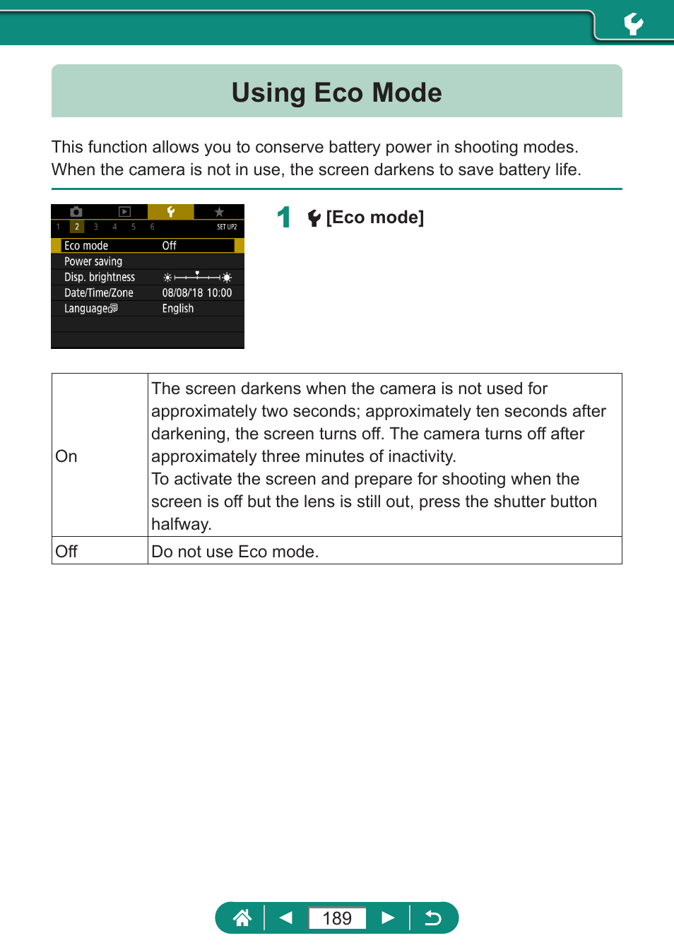 Using eco mode | Canon PowerShot SX70 HS Digital Camera User Manual | Page 189 / 289