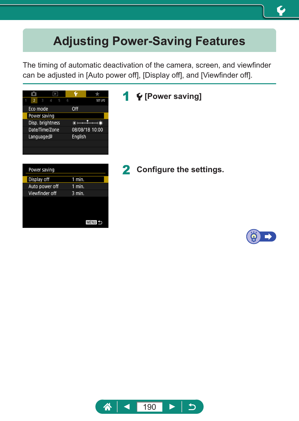 Adjusting power-saving features | Canon PowerShot SX70 HS Digital Camera User Manual | Page 190 / 289
