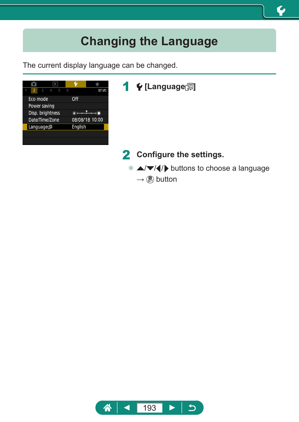 Changing the language | Canon PowerShot SX70 HS Digital Camera User Manual | Page 193 / 289