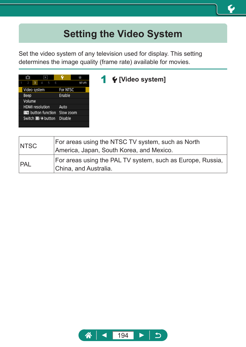 Setting the video system | Canon PowerShot SX70 HS Digital Camera User Manual | Page 194 / 289