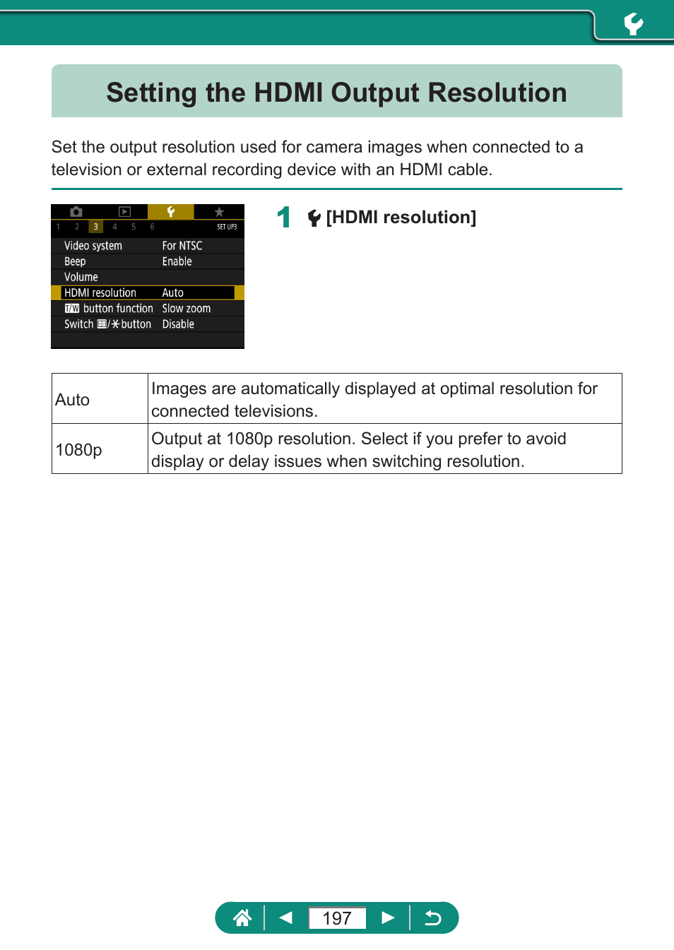 Setting the hdmi output resolution | Canon PowerShot SX70 HS Digital Camera User Manual | Page 197 / 289