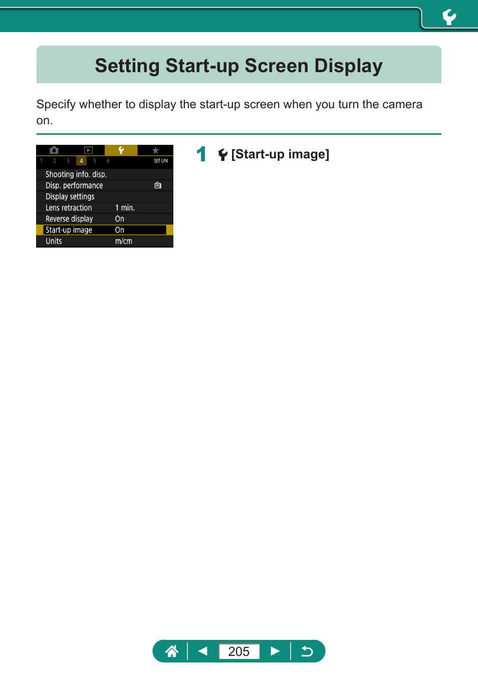 Setting start-up screen display | Canon PowerShot SX70 HS Digital Camera User Manual | Page 205 / 289