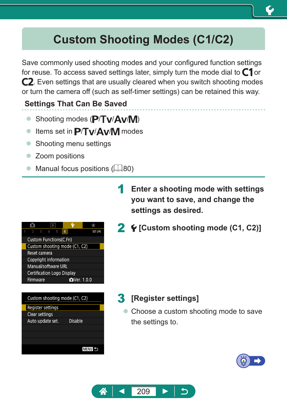 Custom shooting modes (c1/c2) | Canon PowerShot SX70 HS Digital Camera User Manual | Page 209 / 289