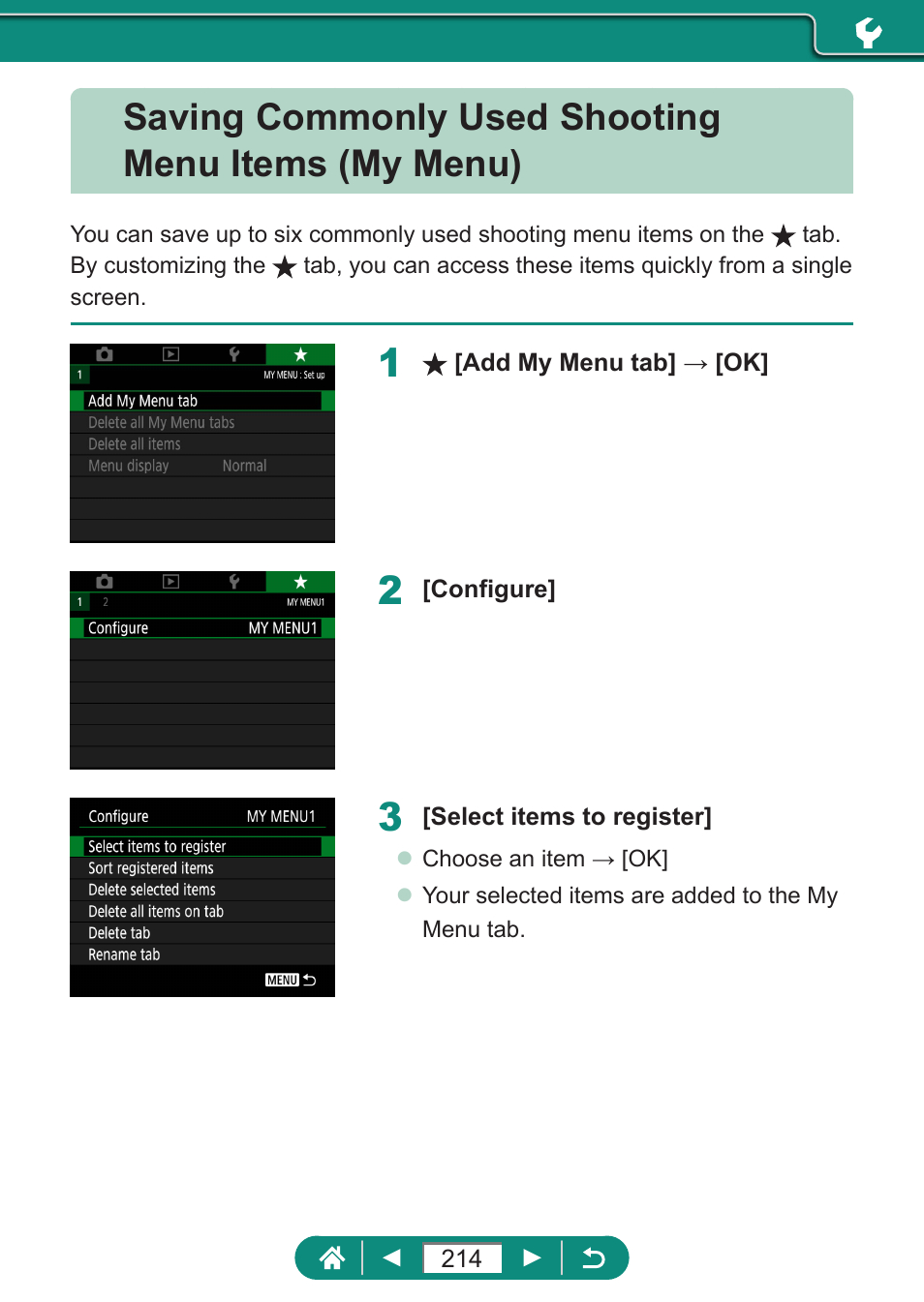 Saving commonly used shooting menu items (my menu) | Canon PowerShot SX70 HS Digital Camera User Manual | Page 214 / 289