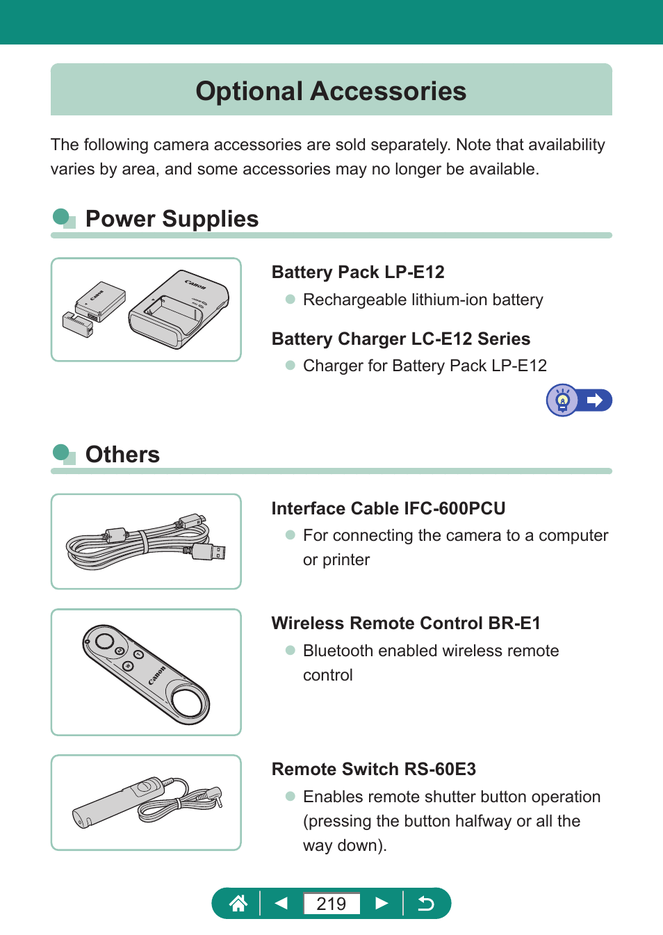 Optional accessories, Power supplies others, Power supplies | Others | Canon PowerShot SX70 HS Digital Camera User Manual | Page 219 / 289