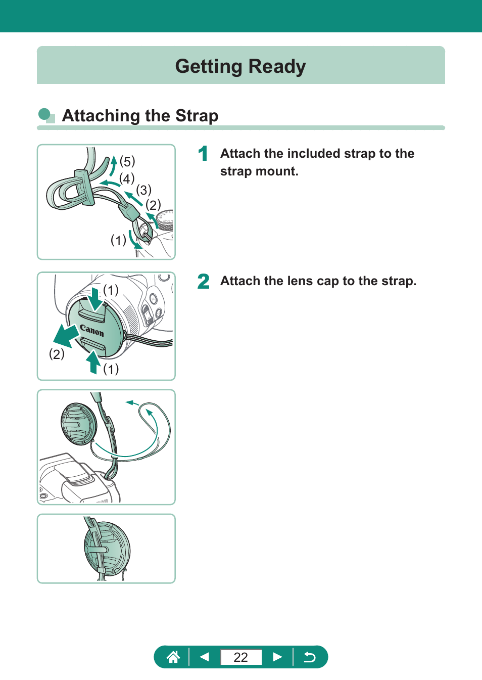 Getting ready, Attaching the strap | Canon PowerShot SX70 HS Digital Camera User Manual | Page 22 / 289