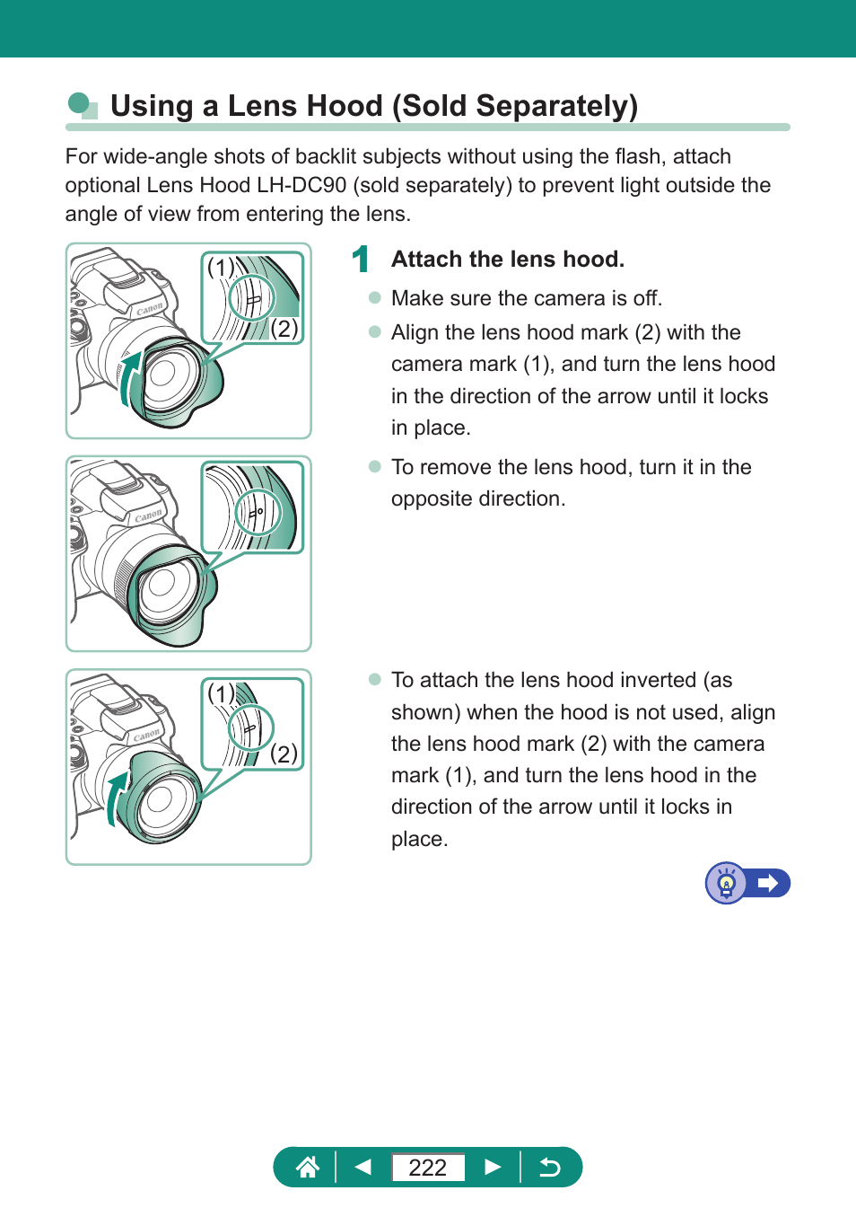 Using a lens hood (sold separately) | Canon PowerShot SX70 HS Digital Camera User Manual | Page 222 / 289