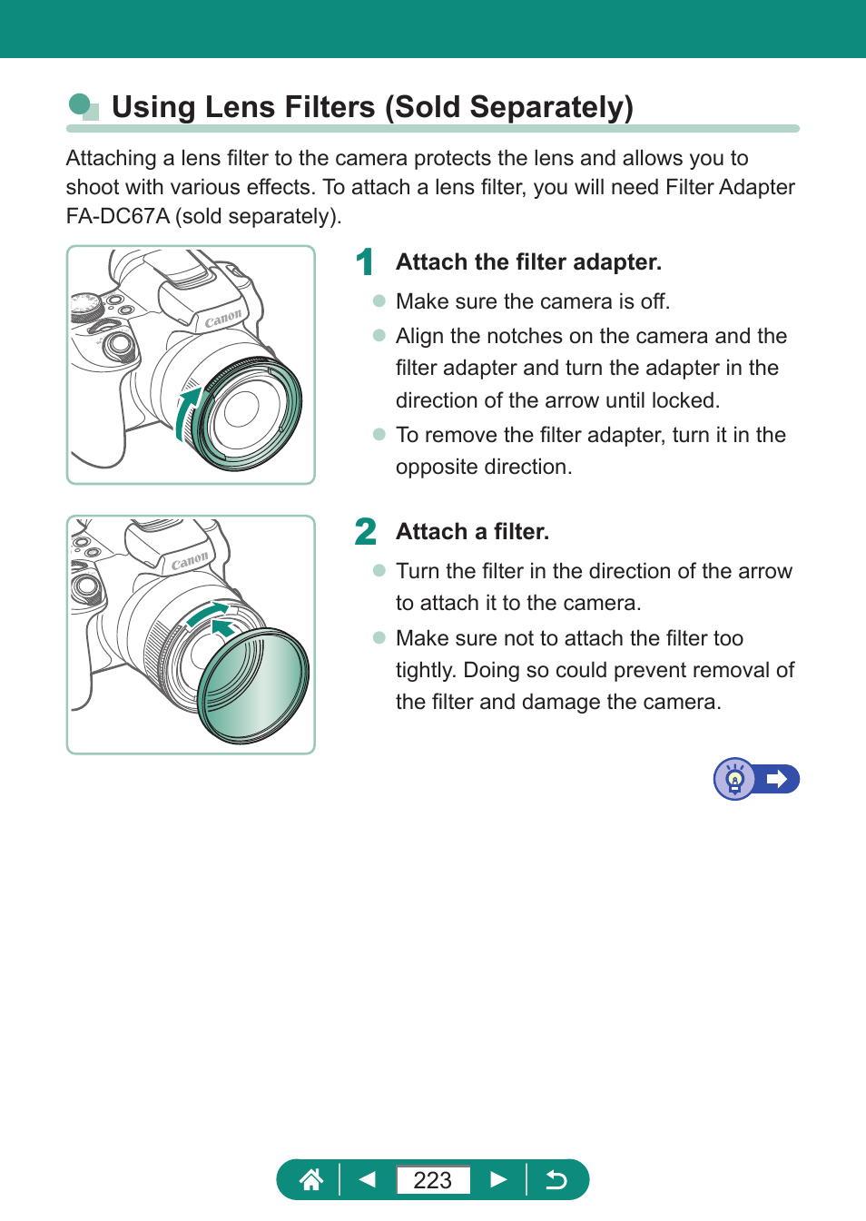 Using lens filters (sold separately) | Canon PowerShot SX70 HS Digital Camera User Manual | Page 223 / 289